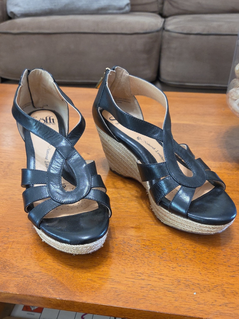 Sofft Black Leather Espadrille Wedge Sandals Size 7M